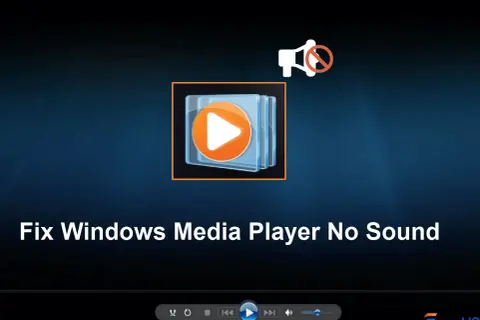 Ikona odtwarzacza z przekreślonym głośnikiem. Napis "Fix Windows Media Player No Sound". Może to być związane z brakującym media feature pack.