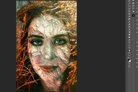 A woman's face with cracked, textured skin, overlaid with dry branches and leaves, showcasing cool textures for Photoshop.
