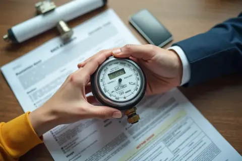 Dwie osoby trzymają licznik, przygotowując się do tauron przepisanie licznika. Na stole dokumenty i telefon.