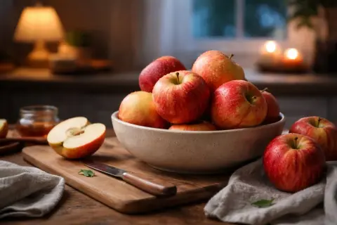 Un bol rempli de pommes rouges et jaunes, prêt à être dégusté le soir. Une pomme coupée en deux sur une planche à découper.