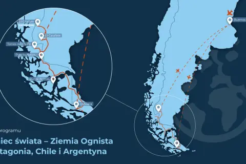 Mapa pokazuje, gdzie leży Patagonia: południowy kraniec Ameryki Południowej, z zaznaczonymi miastami jak El Calafate, Ushuaia i Buenos Aires.