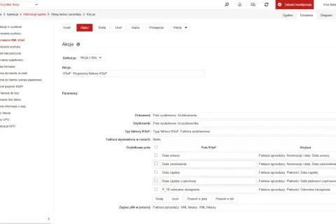 Ekran konfiguracji systemu z opcją generowania faktury KSeF i polami do wyboru parametrów.
