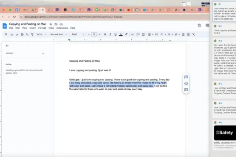 Un documento de Google Docs muestra texto sobre copiar y pegar. La frase "I just copy and paste" está resaltada, sugiriendo la importancia de copiar y pegar.