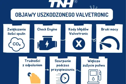 Objawy uszkodzonego Valvetronic: zwiększone spaliny, Check Engine, błędy, braki mocy, trudności z odpalaniem, szarpanie, większe zużycie paliwa.
