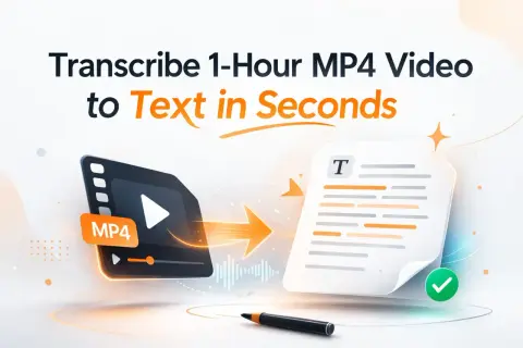 Transform an MP4 video into a text script in seconds. An MP4 player icon transforms into a document with a checkmark.