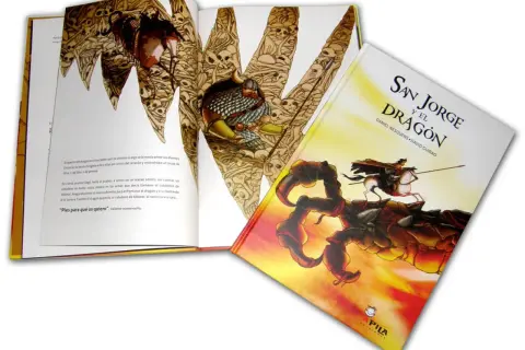 Libro "San Jorge y el Dragón" abierto, mostrando ilustraciones de esqueletos y un caballero. La portada ilustra la historia de San Jorge luchando contra un dragón.