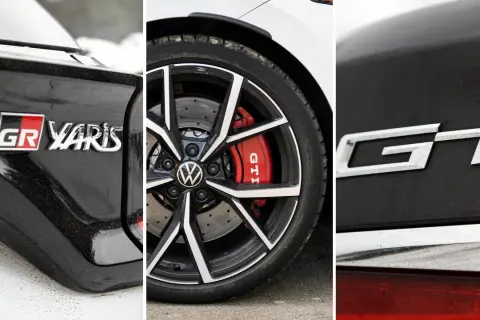 Detaljer från en GR Yaris och en VW Golf GTI. Två sportiga bilar som ger en GT-känsla.