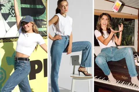 Tre donne con maglietta dentro i pantaloni uomo, in diverse pose e ambientazioni.
