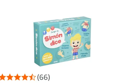 Caja del juego "Simón dice", con ilustraciones de un niño y acciones como "mueve el trasero" o "rascate el pie".