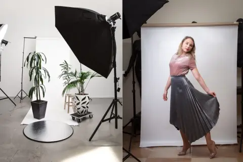 Dwa ujęcia: z lewej strony rośliny i sprzęt do oświetlenia, z prawej modelka w błyszczącej spódnicy. To idealne domowe studio fotograficzne.