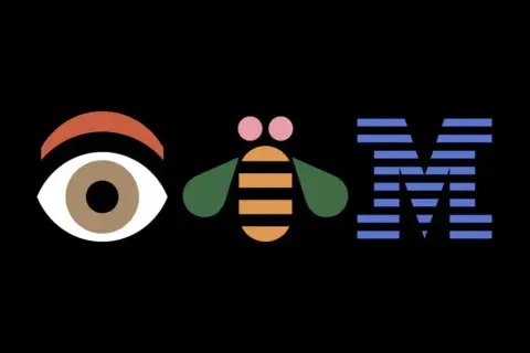 An eye, a bee, and the IBM logo in a playful mid-century graphic design style.