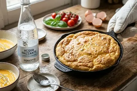 Frittata alta appena sfornata, con accanto una bottiglia di acqua frizzante, pomodorini e gusci d'uovo.
