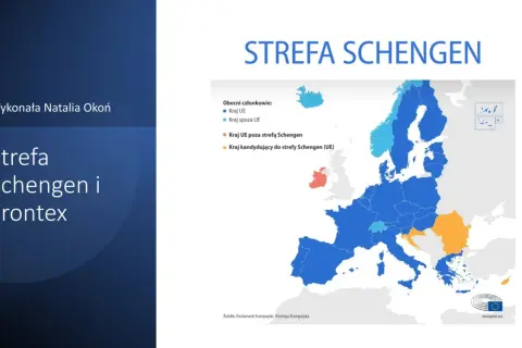 Mapa Europy z zaznaczonymi krajami strefy Schengen. Kolory wskazują kraje UE, spoza UE, poza strefą oraz kandydujące.