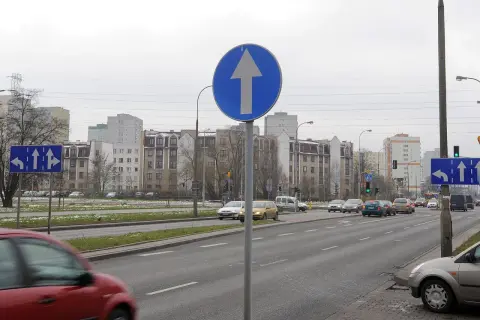 Znak drogowy jednokierunkowy z białą strzałką w górę na niebieskim tle. Po lewej stronie znak nakazu jazdy prosto lub skrętu w lewo.