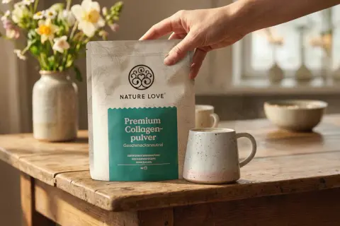 Hand hält Beutel mit Kollagenpulver. Die positive Kollagen wirkung für Haut und Gelenke wird durch das Produkt unterstrichen.