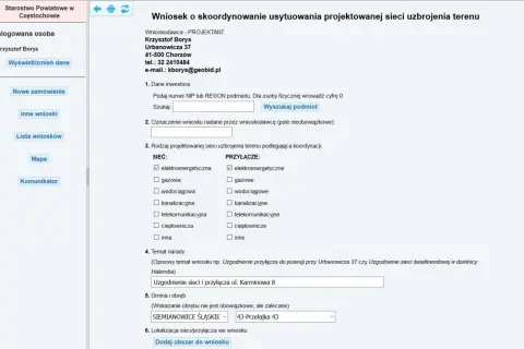 Formularz wniosku o skoordynowanie projektowanej sieci uzbrojenia terenu, z zaznaczoną elektroenergetyczną siecią i przyłączem.