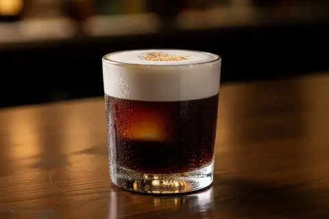 En kyld drink med kaffe och whiskey, toppad med skum och lite strössel. Perfekt för en stunds avkoppling.