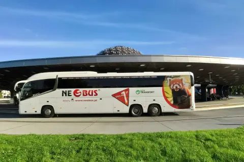 Neobus-Bus mit Pandas-Motiv am Busbahnhof, bereit für die Busreise nach Krakau.