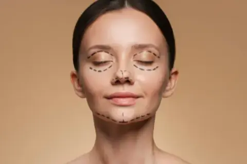 Mujer con líneas de marcador en el rostro, indicando áreas para cirugía estética. Se busca corregir la asimetría facial para una apariencia más armoniosa.