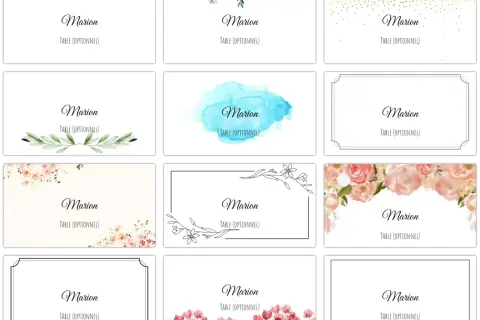 Diverses cartes de mariage avec le nom "Marion" et "Table (Optionnel)". Une belle idée marque place pour tous les styles.