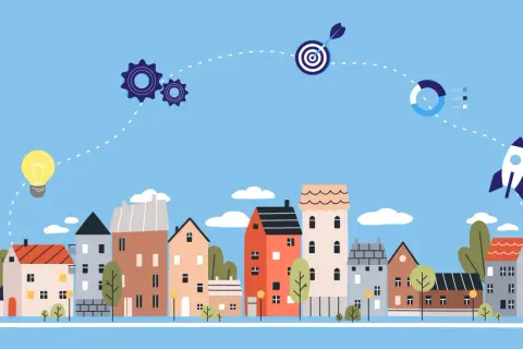 Eine Glühbirne, Zahnräder, Zielscheibe, Diagramm und Rakete über einer Stadtkulisse – **innovative Ideen Beispiele** für den Aufstieg.
