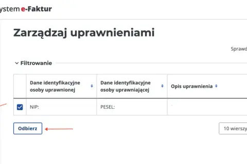 Widok formularza zaw-fa do zarządzania uprawnieniami. Można tu odebrać lub nadać uprawnienia, a także przeglądać listę faktur.