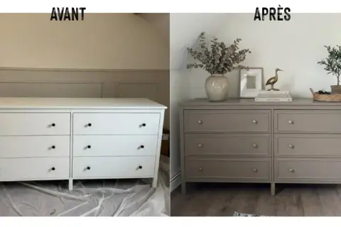 Avant/Après : un meuble blanc basique transformé en commode chic. Un relooker meuble rustique réussi avec une peinture taupe et de nouvelles poignées.