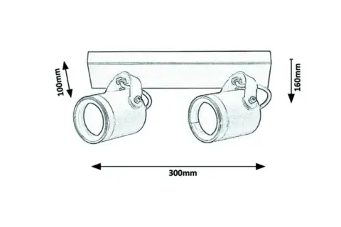 Rysunek techniczny kinkietów zewnętrznych. Wymiary: 300mm szerokości, 100mm wysokości klosza, 160mm całkowitej wysokości.