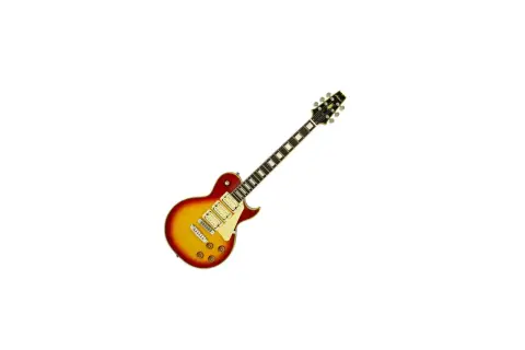 Gitara elektryczna typu Les Paul w kolorze sunburst na białym tle.