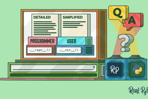 Illustration d'un écran d'ordinateur montrant "PROGRAMMER" avec `__repr__()` et "USER" avec `__str__()`. Des bulles Q&A et un point d'interrogation suggèrent une explication.
