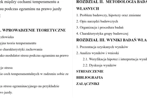 Konspekt wzór pracy badawczej o związku temperamentu ze stresem na egzaminie na prawo jazdy. Spis treści, rozdziały: Wprowadzenie, Metodologia, Wyniki.