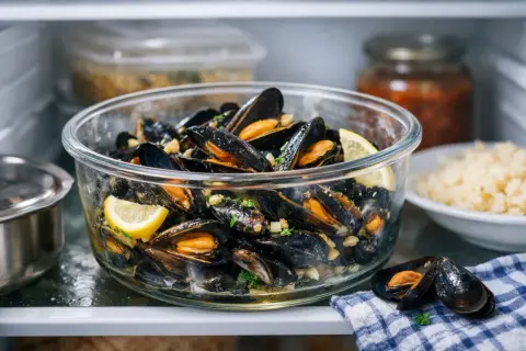 Un bol de moules cuites, garnies de citron et de persil, prêt pour la conservation au frais.