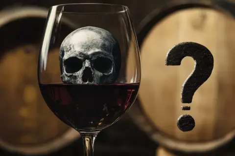 Un crâne dans un verre de vin rouge, avec un point d'interrogation à côté. Un vin bouchonné dangereux ?