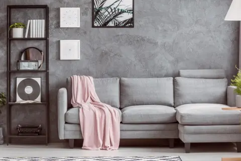 Un divano grigio con coperta rosa, libreria con vinile e piante. Idee su cosa mettere vicino al divano: tavolino, lampada, quadri.