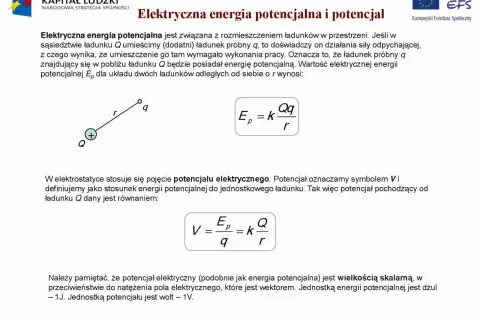 Ilustracja pokazuje dwa ładunki, Q i q, oraz wzory na energię potencjalną i potencjał elektryczny.