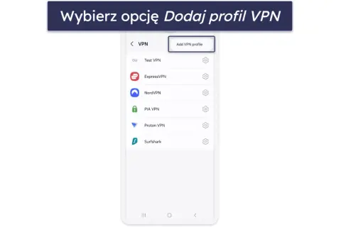 Ekran telefonu z listą dostawców VPN, gotowy do dodania profilu VPN na Samsung TV.