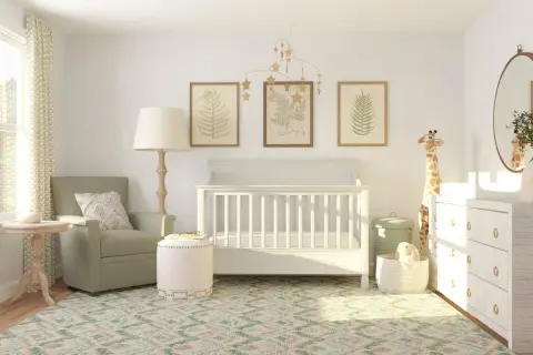 Serene nursery with a white crib, botanical art, and a giraffe plush. Great crib decoration ideas for a calm, nature-inspired room.