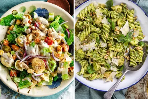 Två läckra pastasallad recept: en med kyckling och krutonger, den andra med pesto, pinjenötter och parmesan.