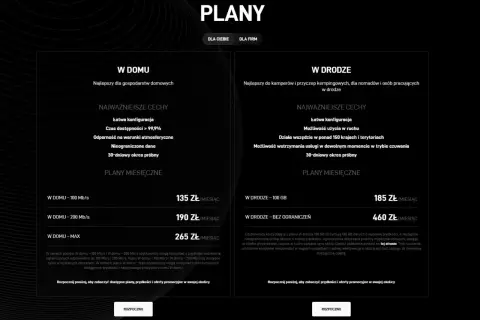 Starlink internet cena: plany "W domu" od 135 zł/miesiąc, "W drodze" od 185 zł/miesiąc. Sprawdź dostępne opcje.