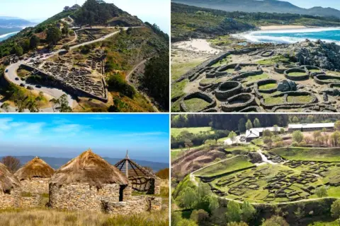 Vistas de castros gallegos, ruinas circulares de piedra y cabañas con tejados de paja, en paisajes costeros y montañosos.