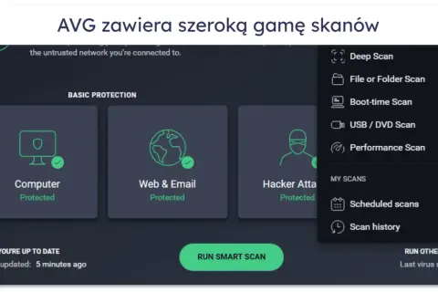 Interfejs programu avast free oferuje różne opcje skanowania, w tym skanowanie głębokie, plików, podczas rozruchu, USB/DVD oraz optymalizację.