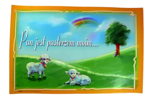 Dwa jagniątka na zielonej łące, tęcza na niebie i napis "Pan jest pasterzem moim".
