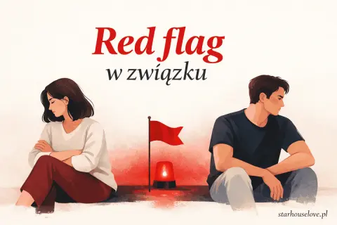Para siedzi odwrócona od siebie, z czerwoną flagą i syreną między nimi. To największe czerwone flagi u faceta, które mogą zwiastować problemy w związku.