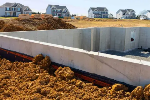 Fundament budowy domu, betonowa ława fundamentowa otoczona ziemią. Zastanawiasz się, ile kosztuje wylanie ławy fundamentowej?