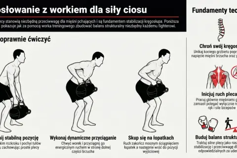 Ilustracja pokazuje mężczyznę wykonującego wiosłowanie z workiem treningowym. To ćwiczenie to kluczowy element treningu siłowego, budujący stabilizację i siłę.