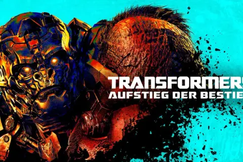 Ein Roboter mit leuchtenden Augen und ein gorillaähnliches Wesen im Film "Transformers: Aufstieg der Bestien".