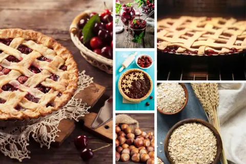 Landfrauen-Rezept: köstliche Kirschkuchen-Zutaten wie Kirschen, Nüsse und Haferflocken für ein Linzertorte Rezept.