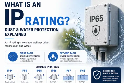 Explication du signification IP53 : protection contre la poussière et les jets d'eau. Boîtier gris IP65 sous la pluie.