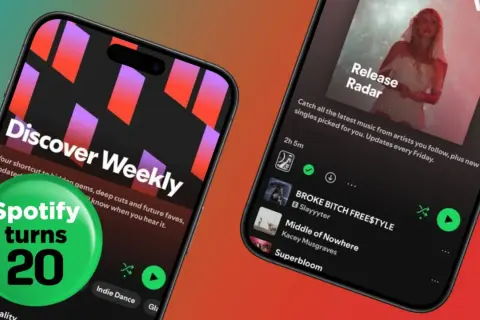 Two phones display Spotify playlists: "Discover Weekly" and "Release Radar." A green circle celebrates "Spotify turns 20.