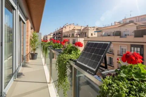 Balcón con plantas rojas y verdes, y una placa solar sin legalizar.